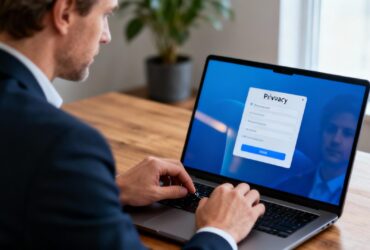 Professionnel européen ajustant les paramètres de confidentialité sur son ordinateur portable avec LinkedIn ouvert