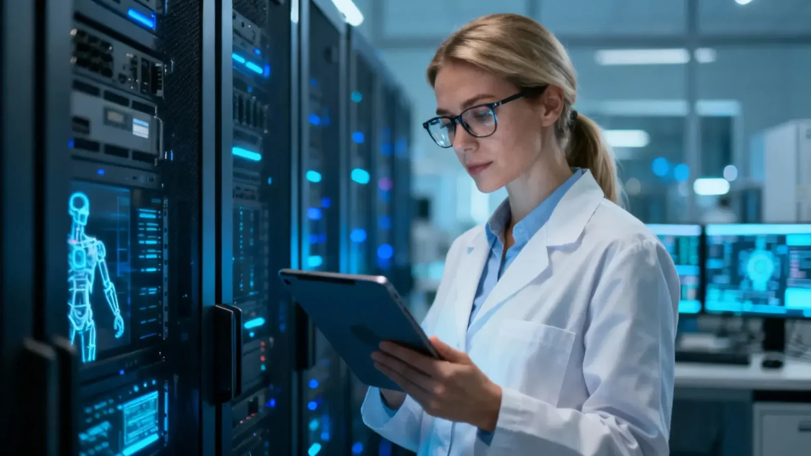 Scientifique féminine analysant des données d'intelligence artificielle sur écran dans un laboratoire moderne