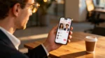 Professionnel européen utilisant un smartphone avec une interface d'application de rencontre dans un bureau moderne