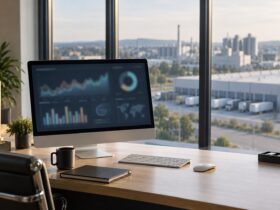 Poste de travail en entreprise avec tableaux de bord de gestion